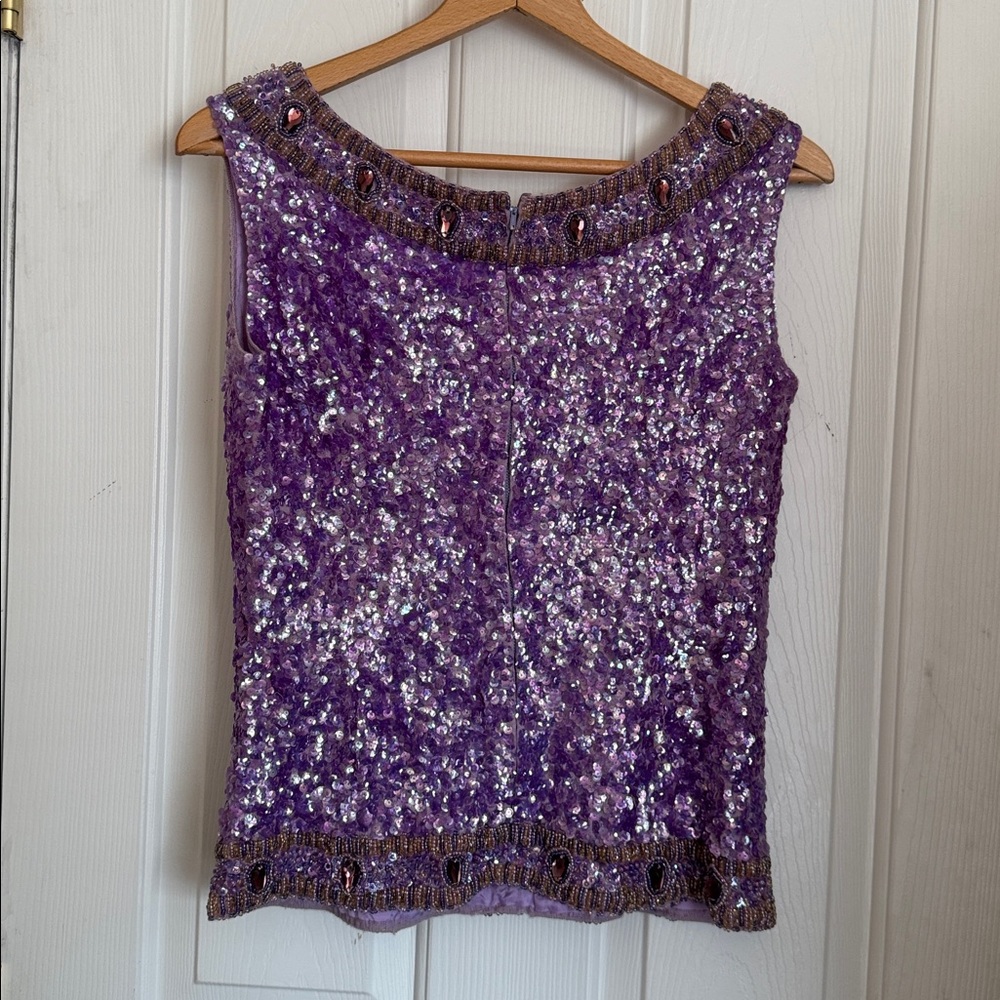 Vintage Cardell Wool Purple Sequin Rhinestone Sleeveless Evening Formal Top sz S - Picture 3 of 11